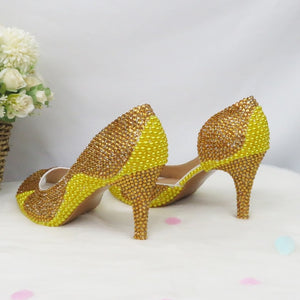 HGM Crystal Golden Women Party Dress Shoes Peep Toe Ladies Sandals Wedding Shoes and bag Bride High Hells