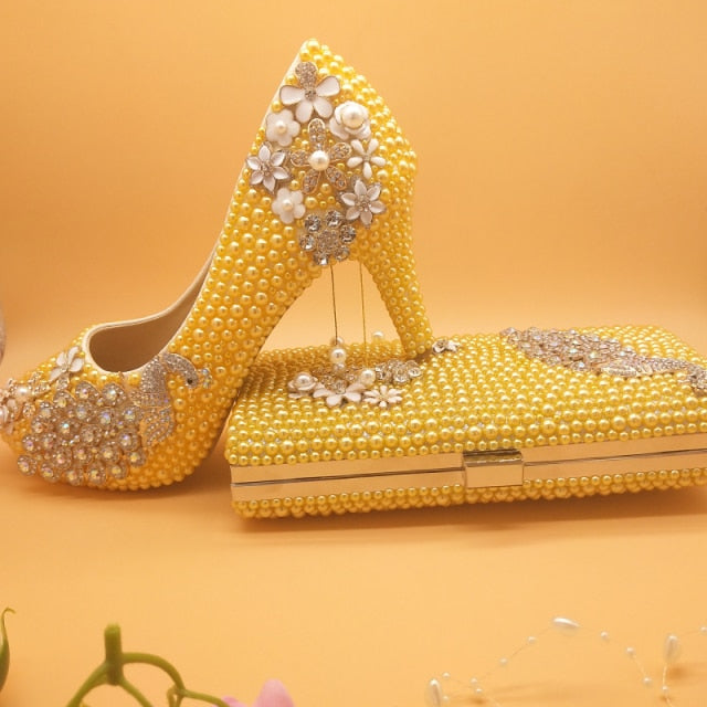 HGM Crystal Peacock Yellow Pearl Bride Wedding shoes Women's High Heels Round Toe Thin Heel Party Dress Shoe And Bag Set