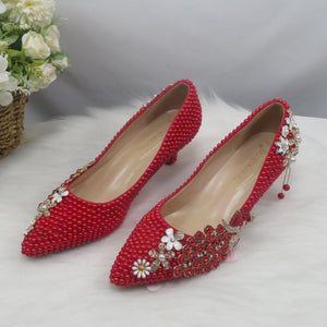 HGM Heart Red Pearl Pointed Toe Bridal Shoes Wedding Shoes and bag Woman High Pumps Thin Heel Party Dress Shoes