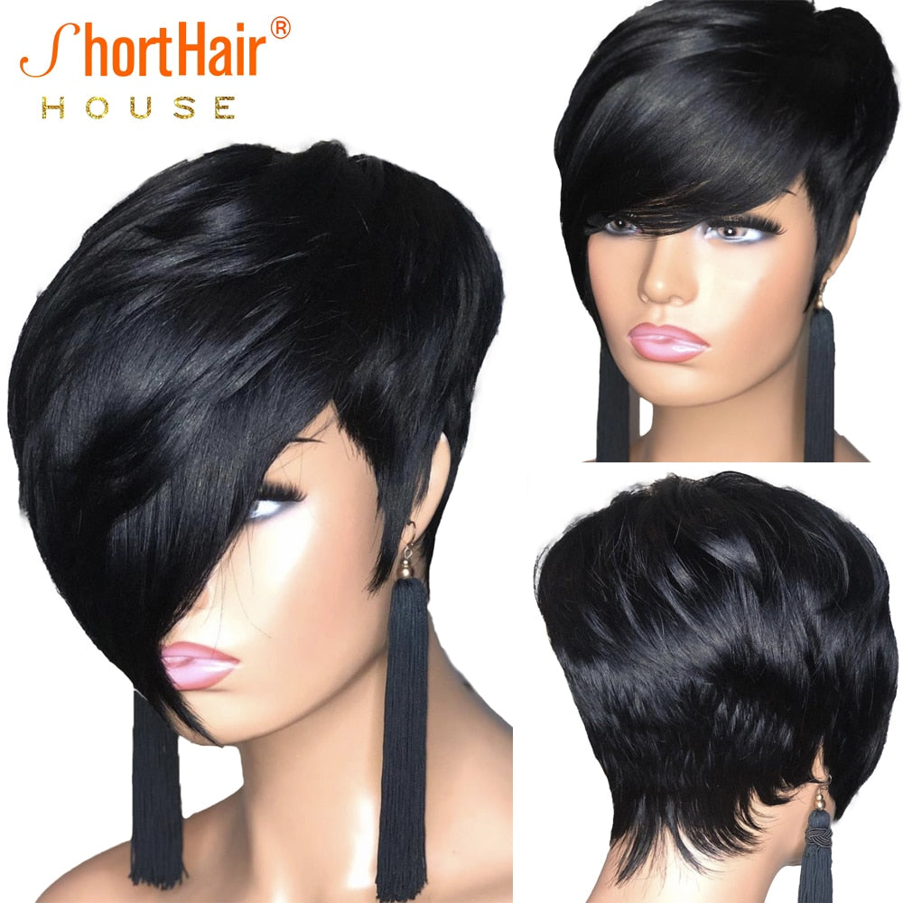 Pixie Short Cut Straight Bob Wig with Bangs Brazilian Non-Lace Front Human Hair Wig Natural Black Wigs