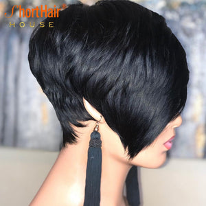 Pixie Short Cut Straight Bob Wig with Bangs Brazilian Non-Lace Front Human Hair Wig Natural Black Wigs