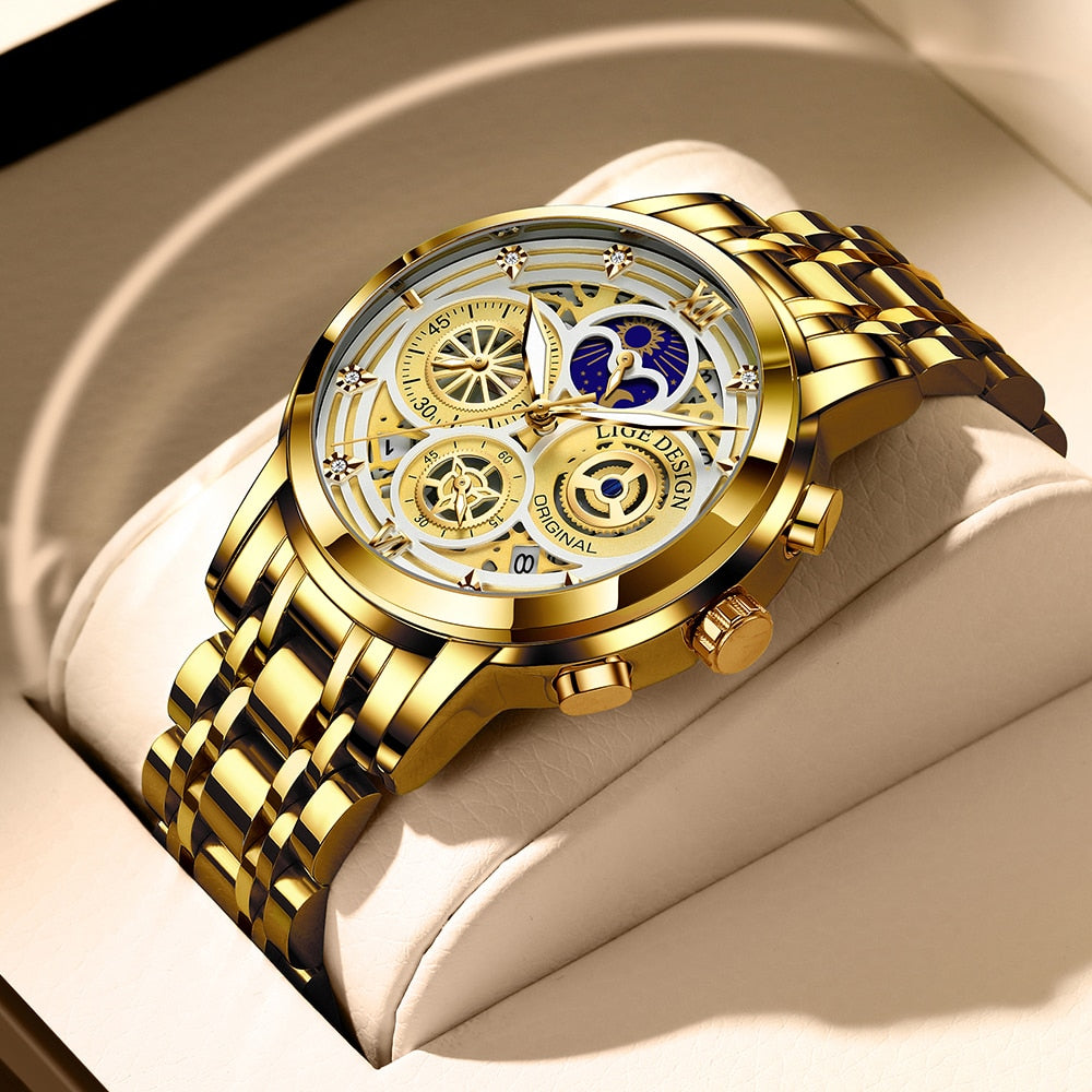 LIGE Sport Men Watch Top Brand Luxury Gold Stainless Steel Quartz Wrist Watch Men Fashion Hollow Waterproof Chronograph