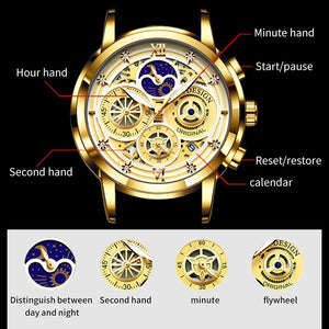 LIGE Sport Men Watch Top Brand Luxury Gold Stainless Steel Quartz Wrist Watch Men Fashion Hollow Waterproof Chronograph