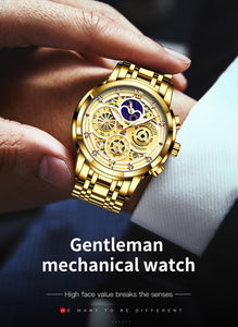 LIGE Sport Men Watch Top Brand Luxury Gold Stainless Steel Quartz Wrist Watch Men Fashion Hollow Waterproof Chronograph