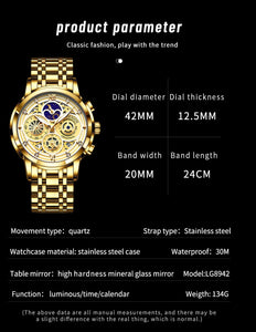 LIGE Sport Men Watch Top Brand Luxury Gold Stainless Steel Quartz Wrist Watch Men Fashion Hollow Waterproof Chronograph