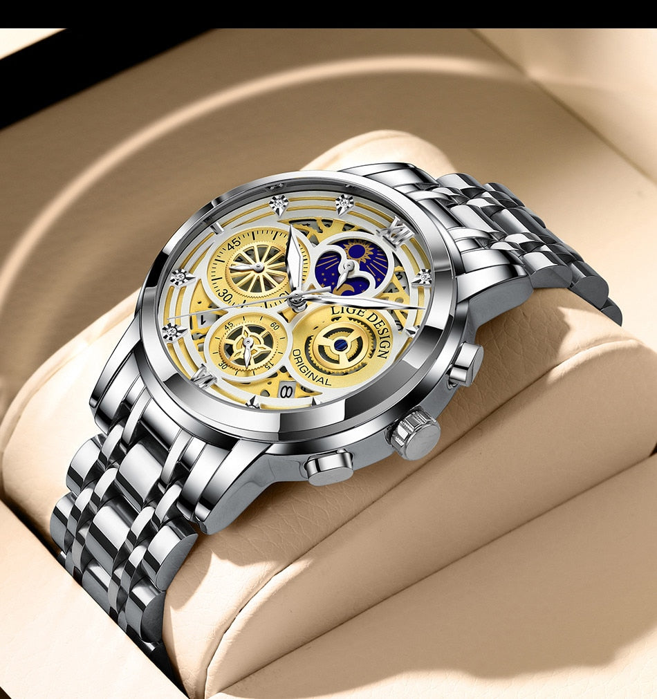LIGE Sport Men Watch Top Brand Luxury Gold Stainless Steel Quartz Wrist Watch Men Fashion Hollow Waterproof Chronograph
