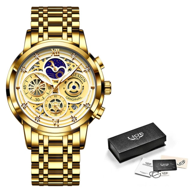 LIGE Sport Men Watch Top Brand Luxury Gold Stainless Steel Quartz Wrist Watch Men Fashion Hollow Waterproof Chronograph