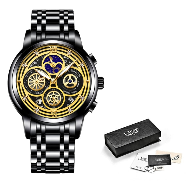 LIGE Sport Men Watch Top Brand Luxury Gold Stainless Steel Quartz Wrist Watch Men Fashion Hollow Waterproof Chronograph
