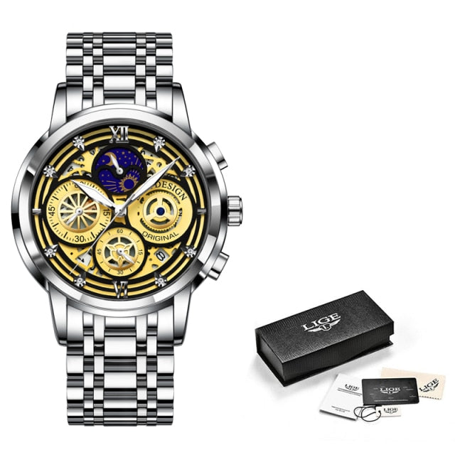 LIGE Sport Men Watch Top Brand Luxury Gold Stainless Steel Quartz Wrist Watch Men Fashion Hollow Waterproof Chronograph