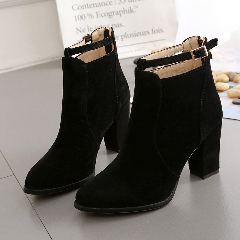 Fashion Woman High Heels Leather Women Heeled Ankle Boots Sexy Pointed Middle Heel Boot