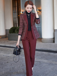 Elegant Ladies Plaid Blazer Pant Suit 2 Piece Set Formal Women Female Jacket and Trouser for Office Work Business Wear