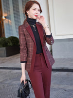 Load image into Gallery viewer, Elegant Ladies Plaid Blazer Pant Suit 2 Piece Set Formal Women Female Jacket and Trouser for Office Work Business Wear

