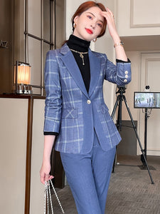 Elegant Ladies Plaid Blazer Pant Suit 2 Piece Set Formal Women Female Jacket and Trouser for Office Work Business Wear