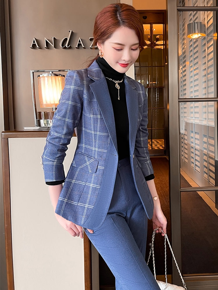 Elegant Ladies Plaid Blazer Pant Suit 2 Piece Set Formal Women Female Jacket and Trouser for Office Work Business Wear
