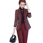 Load image into Gallery viewer, Elegant Ladies Plaid Blazer Pant Suit 2 Piece Set Formal Women Female Jacket and Trouser for Office Work Business Wear
