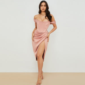 Draped Satin Corset Dresses Bodycon Party Night Club Off Shoulder Gown Elegant Backless Sexy Dress Birthday
