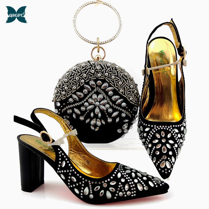 New Silver Color Italian design Women Shoes and Bag Set African Matching Shoes and Bag for Royal Party