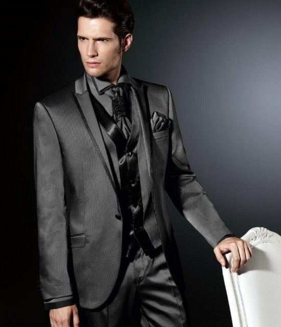 Groom Tuxedos Notch Lapel Men's Suit Shiny Black Groomsman Wedding Prom Suits (Jacket+Pants+Tie+Vest)