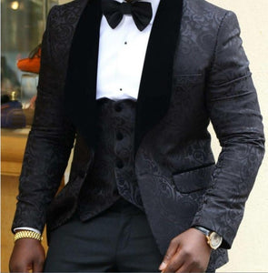 Groom Tuxedos Notch Lapel Men's Suit Shiny Black Groomsman Wedding Prom Suits (Jacket+Pants+Tie+Vest)