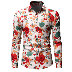 Men Long Sleeve Floral Print Shirts Fashion Slim Brand Party Holiday Casual Dress Flower Shirt Homme