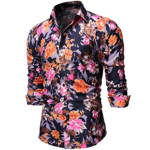 Men Long Sleeve Floral Print Shirts Fashion Slim Brand Party Holiday Casual Dress Flower Shirt Homme