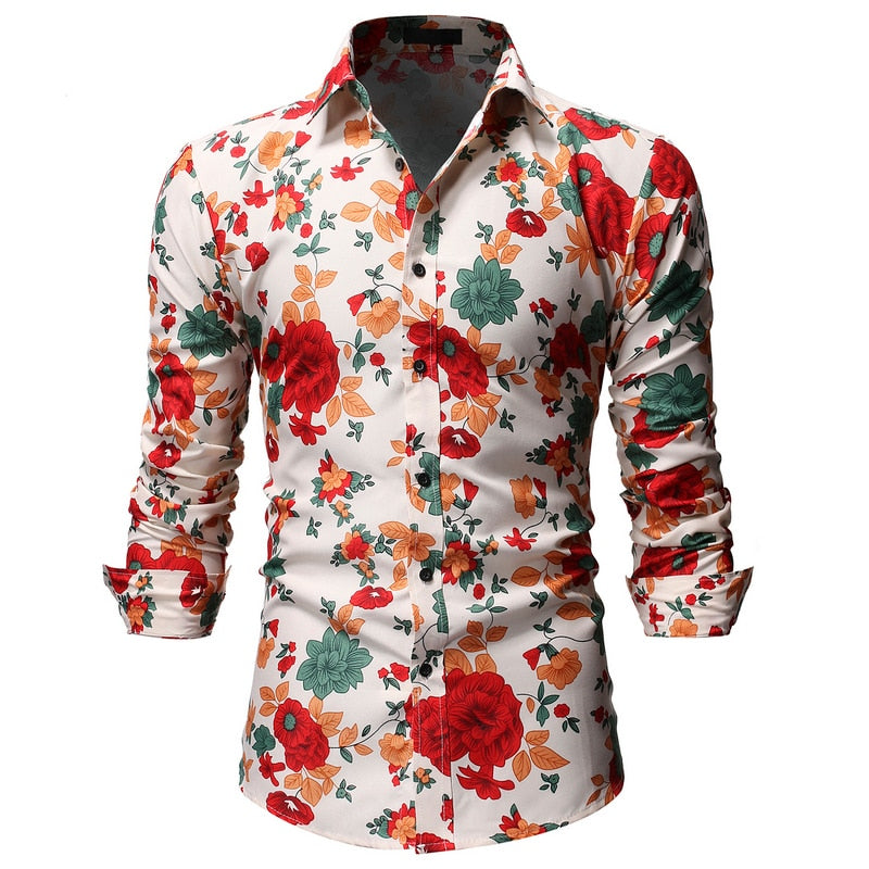 Men Long Sleeve Floral Print Shirts Fashion Slim Brand Party Holiday Casual Dress Flower Shirt Homme