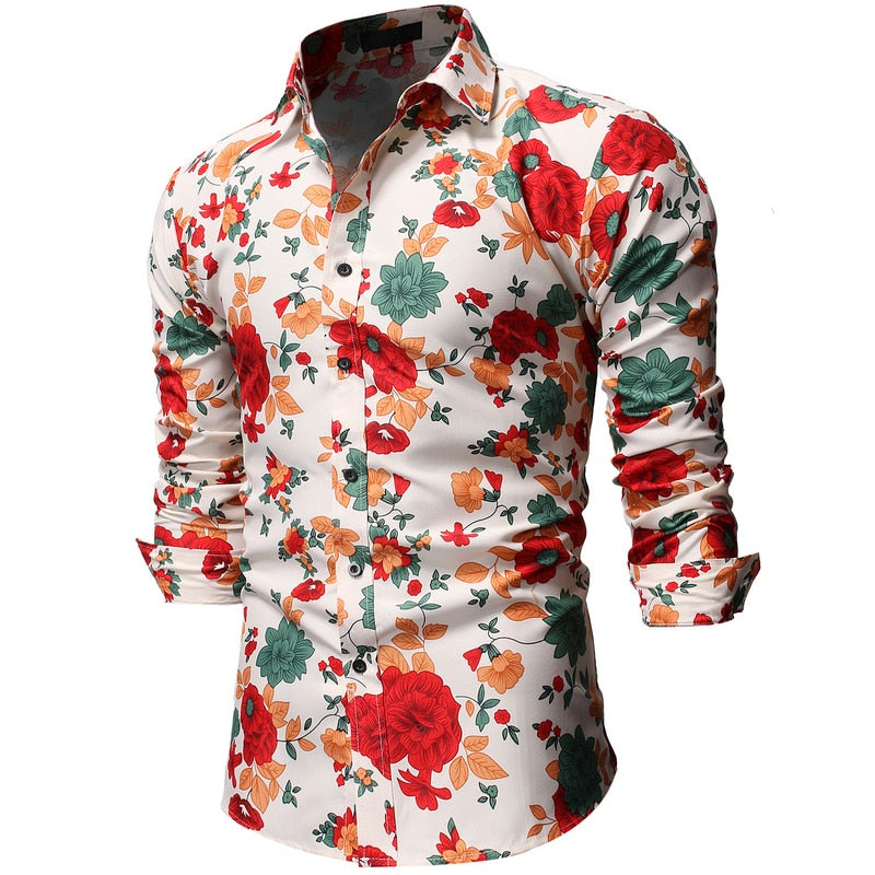 Men Long Sleeve Floral Print Shirts Fashion Slim Brand Party Holiday Casual Dress Flower Shirt Homme