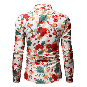 Men Long Sleeve Floral Print Shirts Fashion Slim Brand Party Holiday Casual Dress Flower Shirt Homme