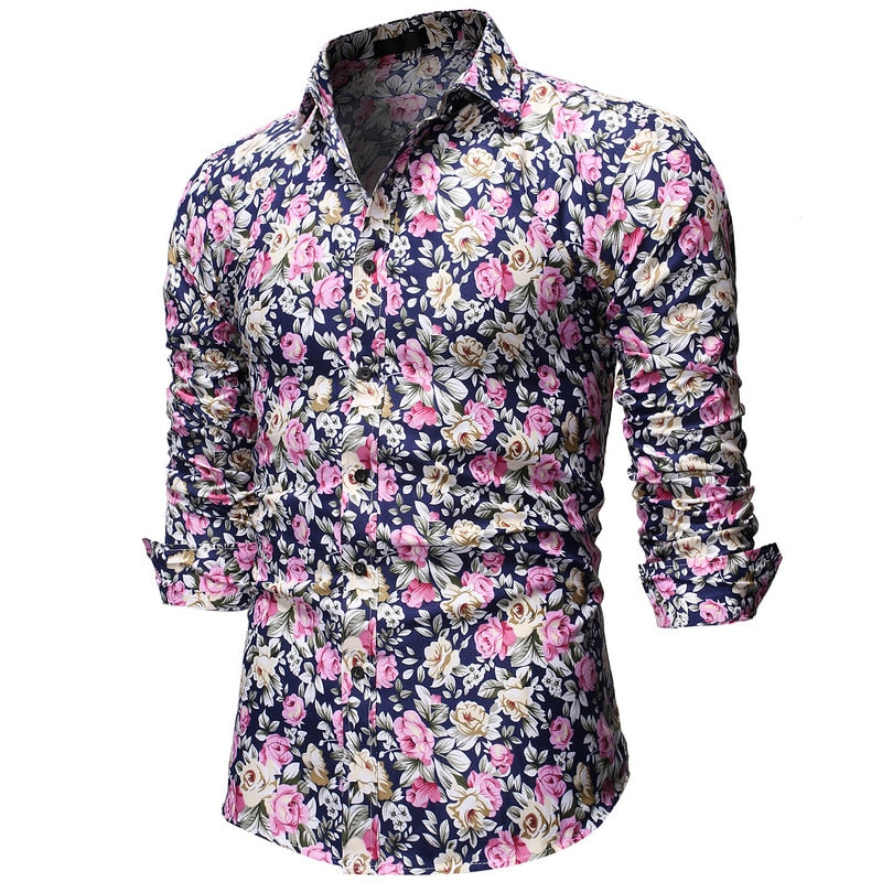 Men Long Sleeve Floral Print Shirts Fashion Slim Brand Party Holiday Casual Dress Flower Shirt Homme