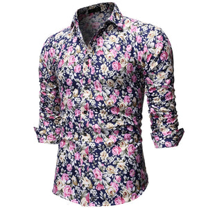 Men Long Sleeve Floral Print Shirts Fashion Slim Brand Party Holiday Casual Dress Flower Shirt Homme