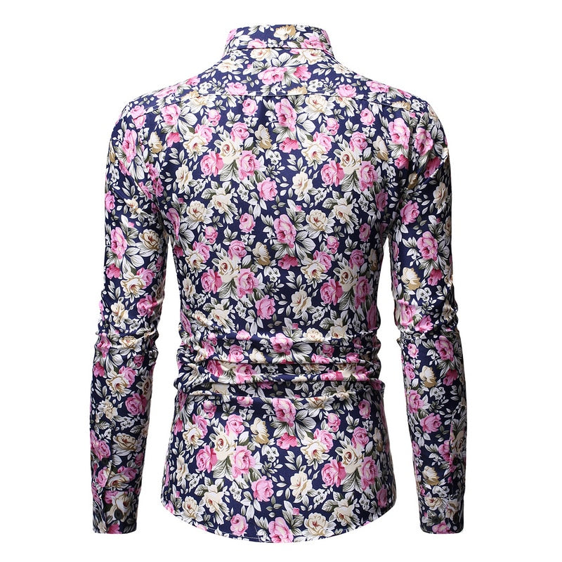 Men Long Sleeve Floral Print Shirts Fashion Slim Brand Party Holiday Casual Dress Flower Shirt Homme