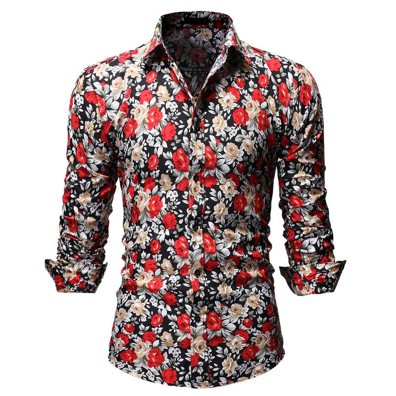 Men Long Sleeve Floral Print Shirts Fashion Slim Brand Party Holiday Casual Dress Flower Shirt Homme