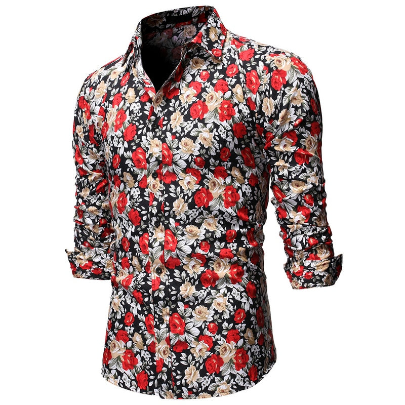 Men Long Sleeve Floral Print Shirts Fashion Slim Brand Party Holiday Casual Dress Flower Shirt Homme