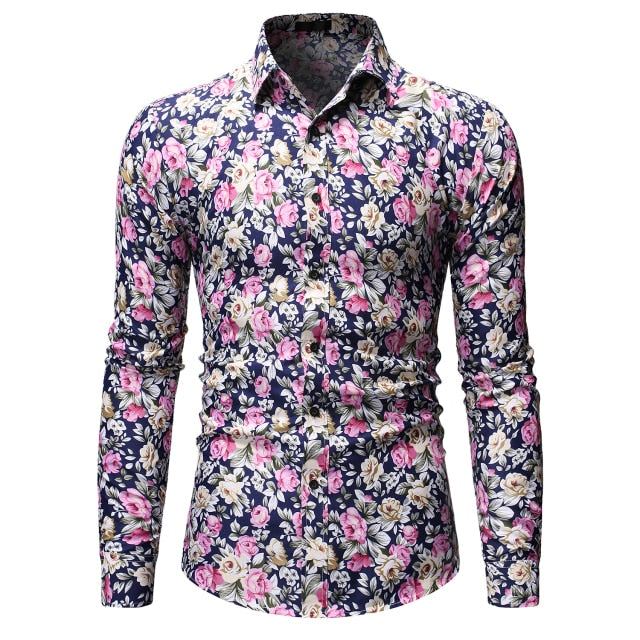 Men Long Sleeve Floral Print Shirts Fashion Slim Brand Party Holiday Casual Dress Flower Shirt Homme