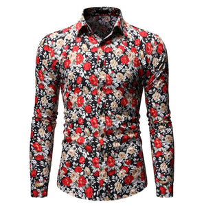 Men Long Sleeve Floral Print Shirts Fashion Slim Brand Party Holiday Casual Dress Flower Shirt Homme