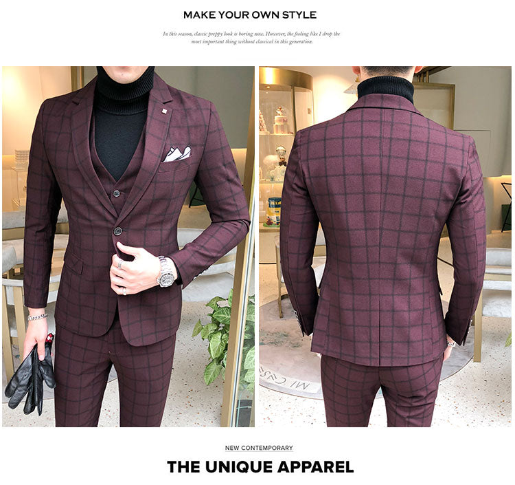 Men Dress Blazers Pants Vest 3 Piece Set Wedding New Business Formal Plaid Suit Luxury Slim Fit Coat Trousers