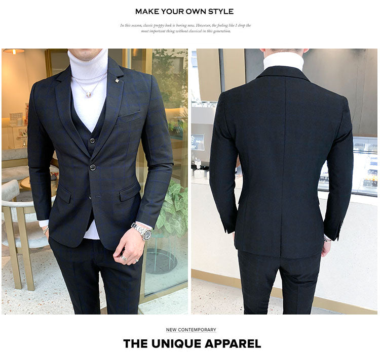 Men Dress Blazers Pants Vest 3 Piece Set Wedding New Business Formal Plaid Suit Luxury Slim Fit Coat Trousers