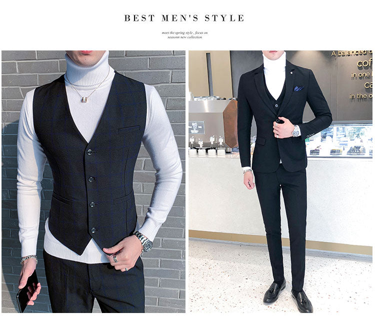 Men Dress Blazers Pants Vest 3 Piece Set Wedding New Business Formal Plaid Suit Luxury Slim Fit Coat Trousers