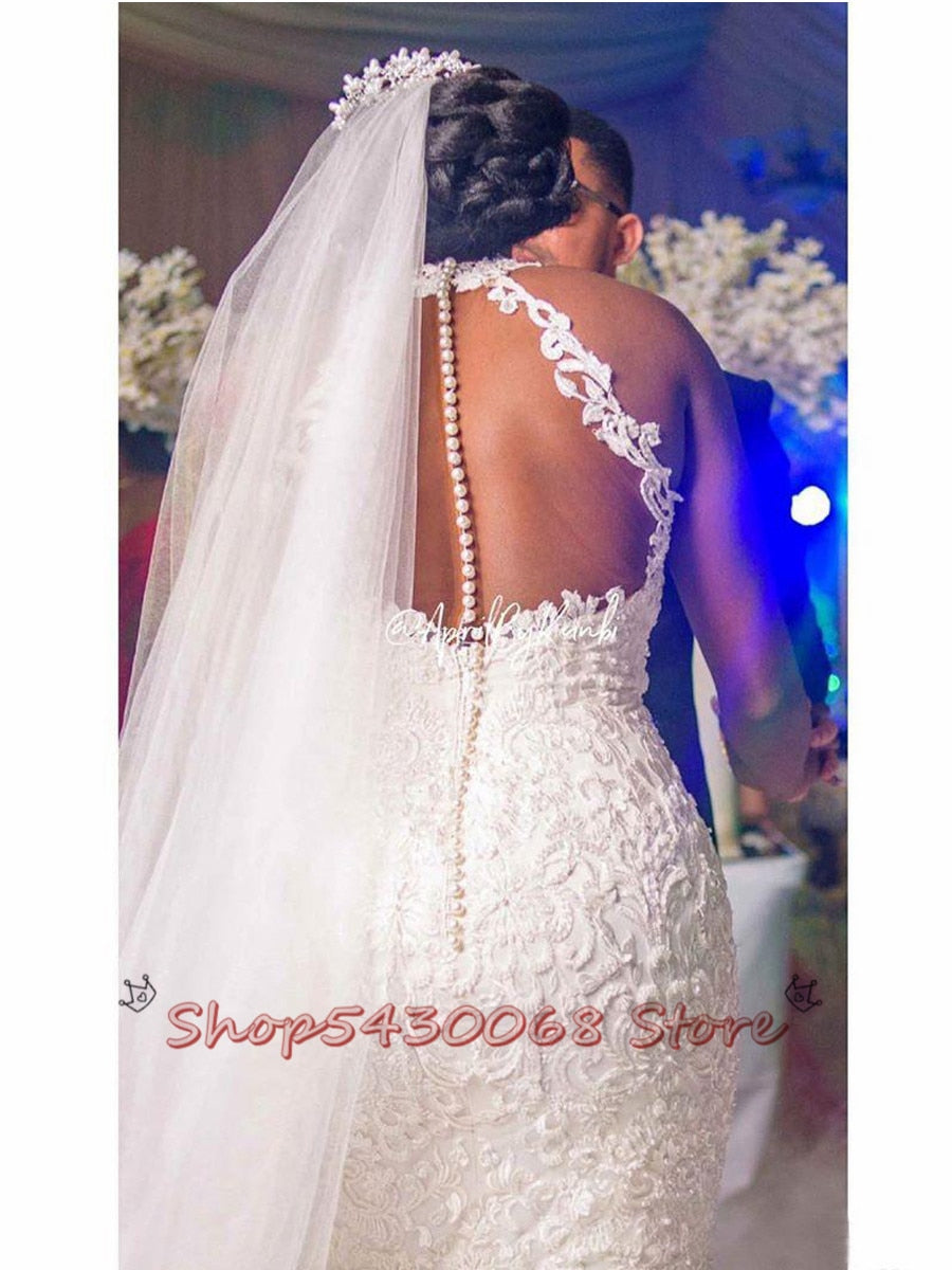 Arabic Aso Ebi Vintage Lace Beaded Wedding Dresses Sheer Neck Mermaid Bridal Dresses Sexy Cheap Wedding Gowns