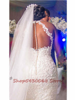 Load image into Gallery viewer, Arabic Aso Ebi Vintage Lace Beaded Wedding Dresses Sheer Neck Mermaid Bridal Dresses Sexy Cheap Wedding Gowns
