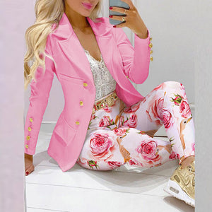 Fashion Plaid Print Blazer And Long Pants Suits Women Casual Long Sleeve Two Piece Sets Elegant Office Lady Button Outfits