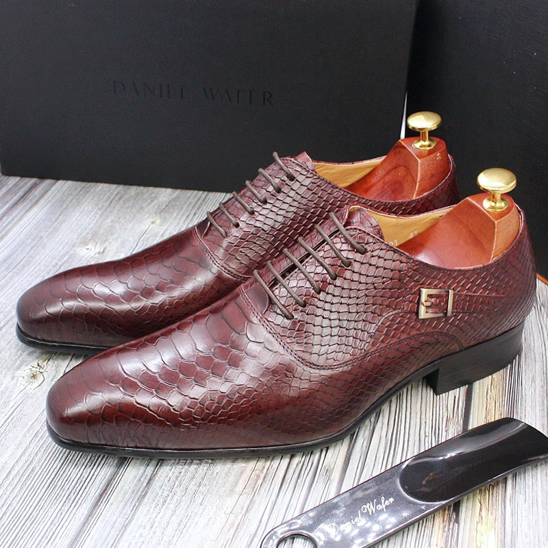 Luxury Men Oxford Shoes Snakeskin Prints Classic Style Dress Leather Shoes Lace Up Pointed Toe Formal Shoes