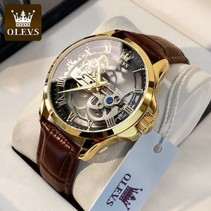 OLEVS Luxury Men Watches Automatic Mechanical Wristwatch Skeleton Design Waterproof Leather Strap Male Watch