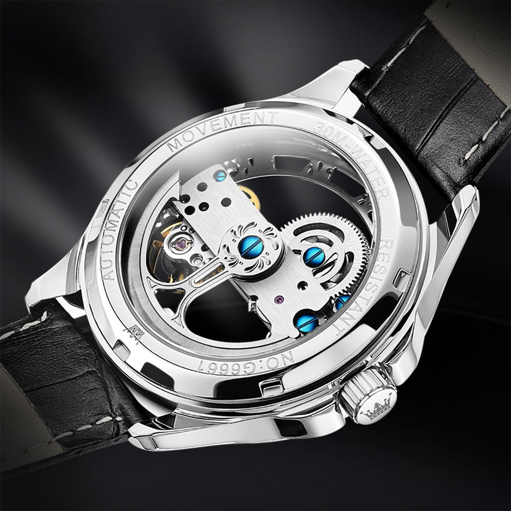 OLEVS Luxury Men Watches Automatic Mechanical Wristwatch Skeleton Design Waterproof Leather Strap Male Watch