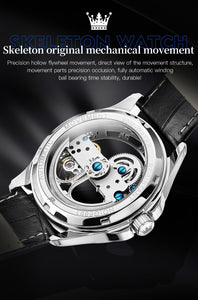 OLEVS Luxury Men Watches Automatic Mechanical Wristwatch Skeleton Design Waterproof Leather Strap Male Watch