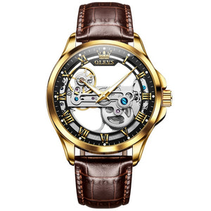 OLEVS Luxury Men Watches Automatic Mechanical Wristwatch Skeleton Design Waterproof Leather Strap Male Watch