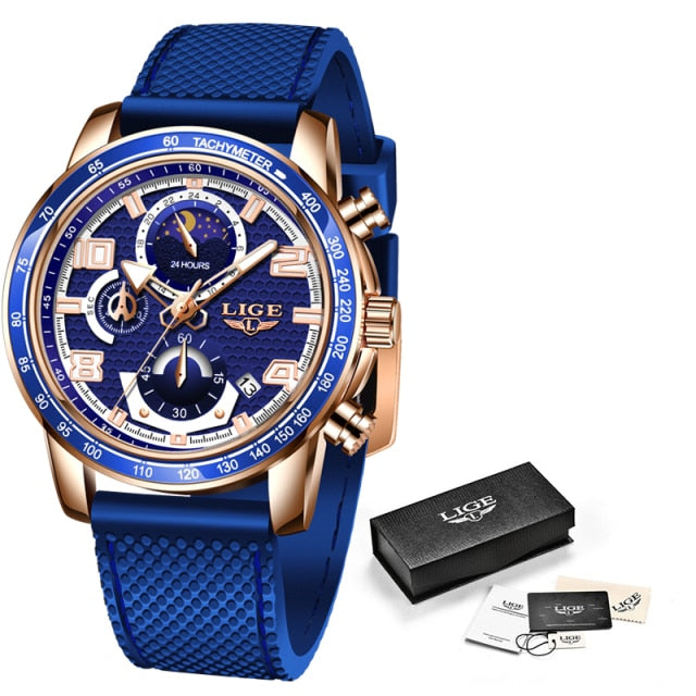 LIGE Official Store New Waterproof Silicones Strap Quartz Men's Wristwatch + Box