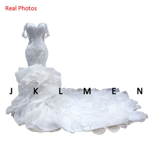 Ruffle Organza Mermaid Wedding Dress Lace Beads Pearls Off-the-shoulder Trumpet Bridal Gown Custom Made