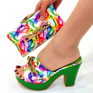 New Design Pointed Toe Lady Shoes and Bag Set in green Color Pu Leather Matching Bag