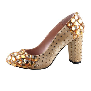 Custom Made Gold Crystal Shoes with Matching Bag Set Block Heel Women Dress Pumps Bridal Wedding Shoes High Heels